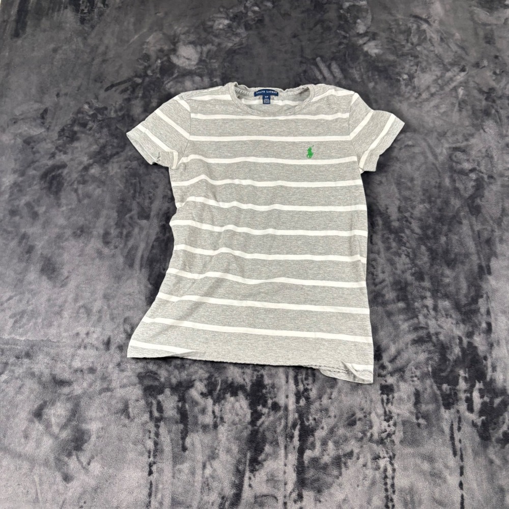 Ralph Lauren T-Shirt Womens S Grey Striped Short Sleeve Crew Neck Pony Logo